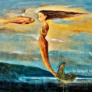 May include: A painting of a mermaid with long flowing hair, looking at a golden fish. The mermaid is painted in shades of orange and gold, with a blue and green background. The painting is signed "Shijun Munns".