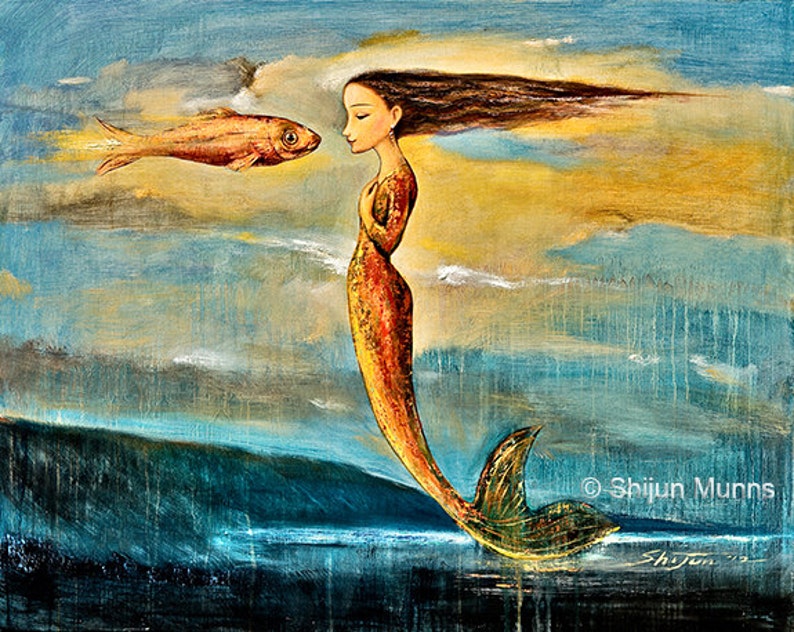 May include: A painting of a mermaid with long flowing hair, looking at a golden fish. The mermaid is painted in shades of orange and gold, with a blue and green background. The painting is signed "Shijun Munns".