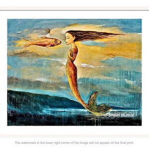 May include: A painting of a mermaid with long flowing hair, a golden tail, and a fish swimming towards her. The background is a blue and yellow sky with clouds.