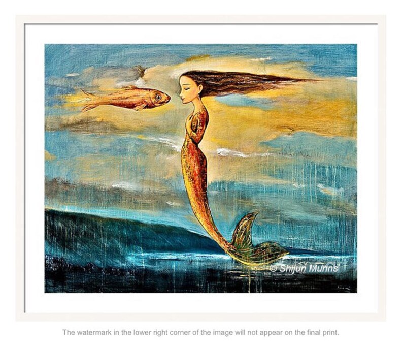 May include: A painting of a mermaid with long flowing hair, a golden tail, and a fish swimming towards her. The background is a blue and yellow sky with clouds.