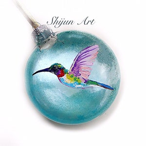 Christmas Hummingbird ornament:Blue Flat Hand painted glass ornament-Christmas gift-Holiday gifts for hummingbird Lovers image 1