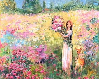 Arte original, Jardín de primavera con niña sobre lienzo envolvente por Shijun Munns-Art regalo-arte de pared-pintura al óleo original, regalo navideño único