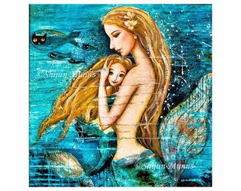 Mermaid Art, "Golden Haired Mermaid and Mother & Child", Fairytale Fantasy Wall Art, giclee print on canvas or paper by Shijun Munns, Signed