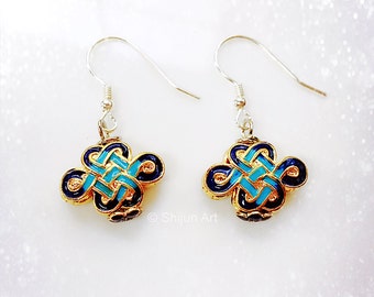Artistic enamel earrings, Chinese knot design, gold and Prussian blue color, eastern lucky earrings,  Artisan Jewelry