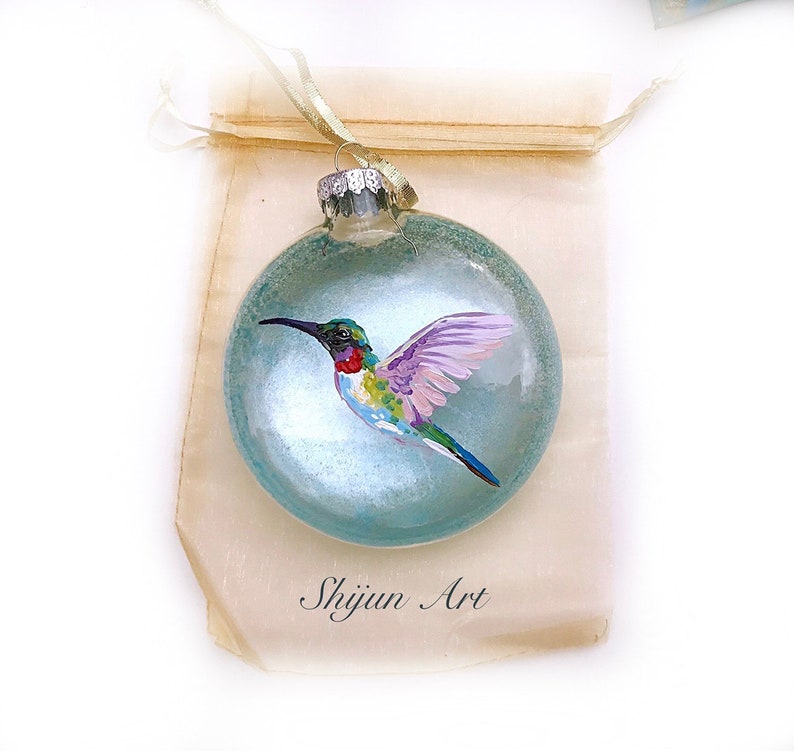 Christmas Hummingbird ornament:Blue Flat Hand painted glass ornament-Christmas gift-Holiday gifts for hummingbird Lovers image 4