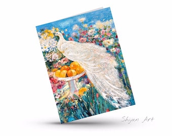 White Peacock Art card:peacock, bowl of oranges-blank art card by Shijun, Spring messenger Wall Art-peacock-blessing of angels-love art