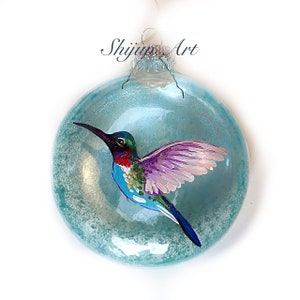 Christmas Hummingbird ornament:Blue Flat Hand painted glass ornament-Christmas gift-Holiday gifts for hummingbird Lovers image 2