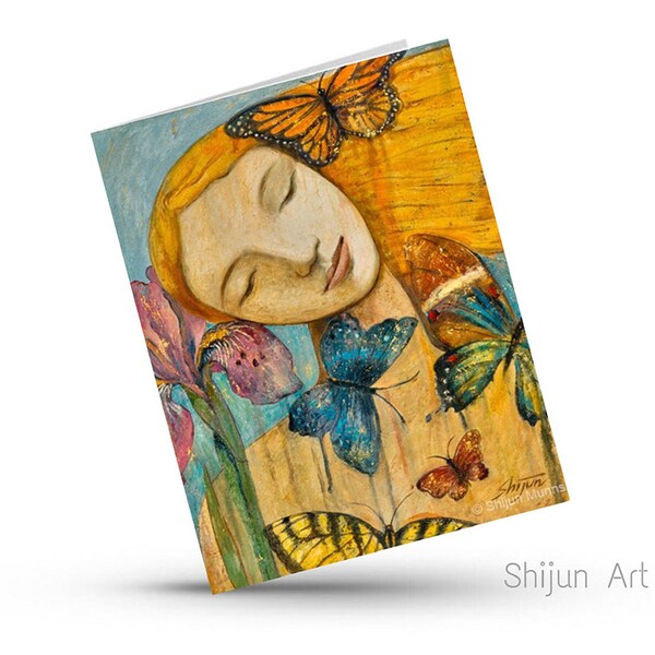 Spring art card:Golden haired girl with irises&butterflies, blank art card by Shijun-Fairy Art-Art gift-blue and cream fantasy art