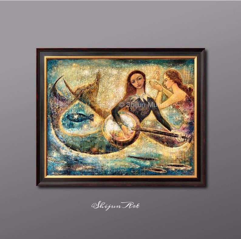 Mermaid art print, Mermaids Playing Music Under Sea-blue giclee print on canvas or paper by Shijun Munns-Fantasy art-oil painting-Signed image 8