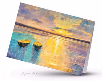 Fine art card: amazing ocean card-sunset over water, blank art card by Shijun-seascape Art-Art gift-Peaceful art