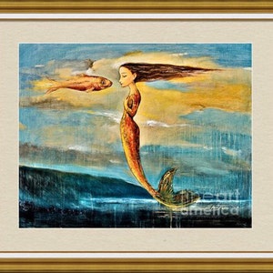 May include: A painting of a mermaid with long flowing hair, a golden tail, and a red fish swimming towards her. The background is a blue and yellow sky with clouds.