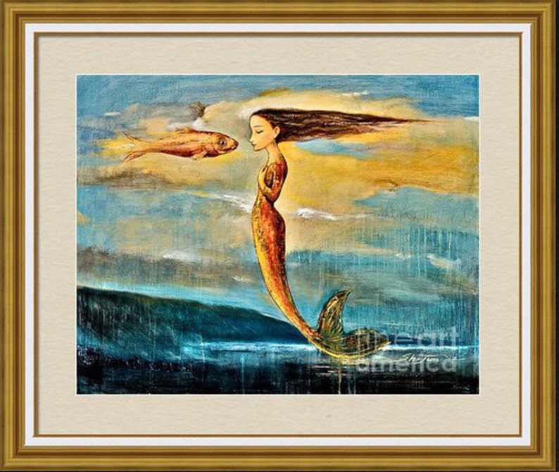 May include: A painting of a mermaid with long flowing hair, a golden tail, and a red fish swimming towards her. The background is a blue and yellow sky with clouds.