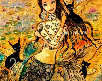 Mermaid art print: Lotus Pool Mermaid-golden giclee print by Shijun Munns-Art gift-Fantasy wall art-Oil painting print