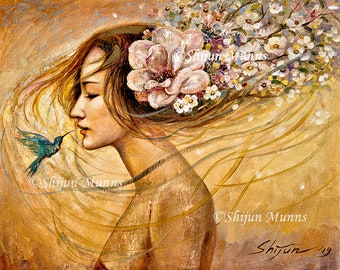 Wake art print-Flower girl with hummingbird art print-giclee print-canvas print-Art gift-Fantasy wall art-Oil painting print