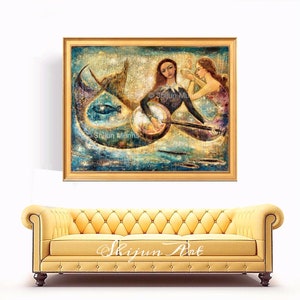 Mermaid art print, Mermaids Playing Music Under Sea-blue giclee print on canvas or paper by Shijun Munns-Fantasy art-oil painting-Signed image 4