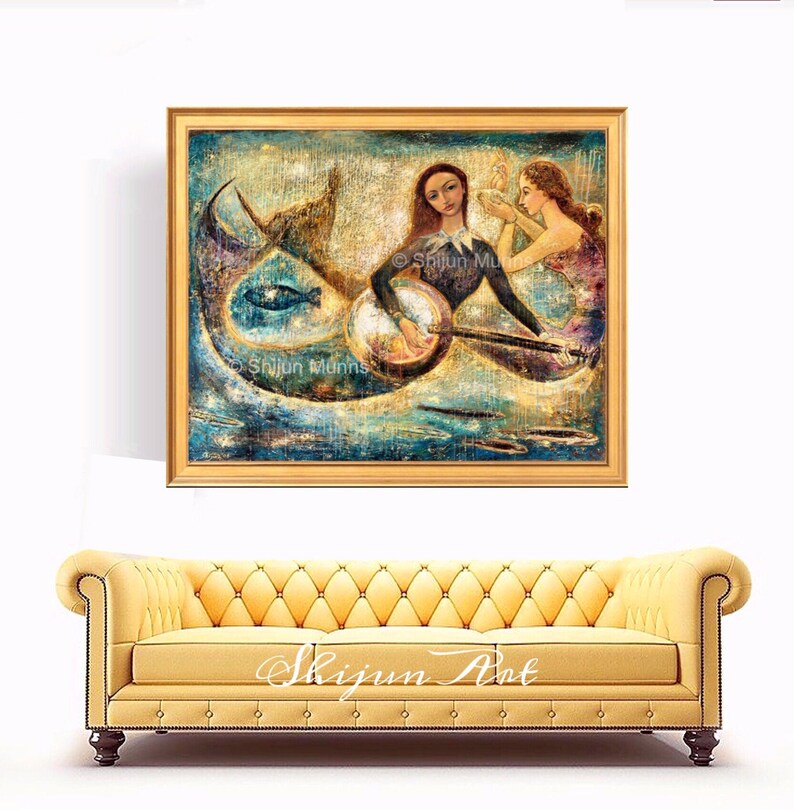 Mermaid art print, Mermaids Playing Music Under Sea-blue giclee print on canvas or paper by Shijun Munns-Fantasy art-oil painting-Signed image 4