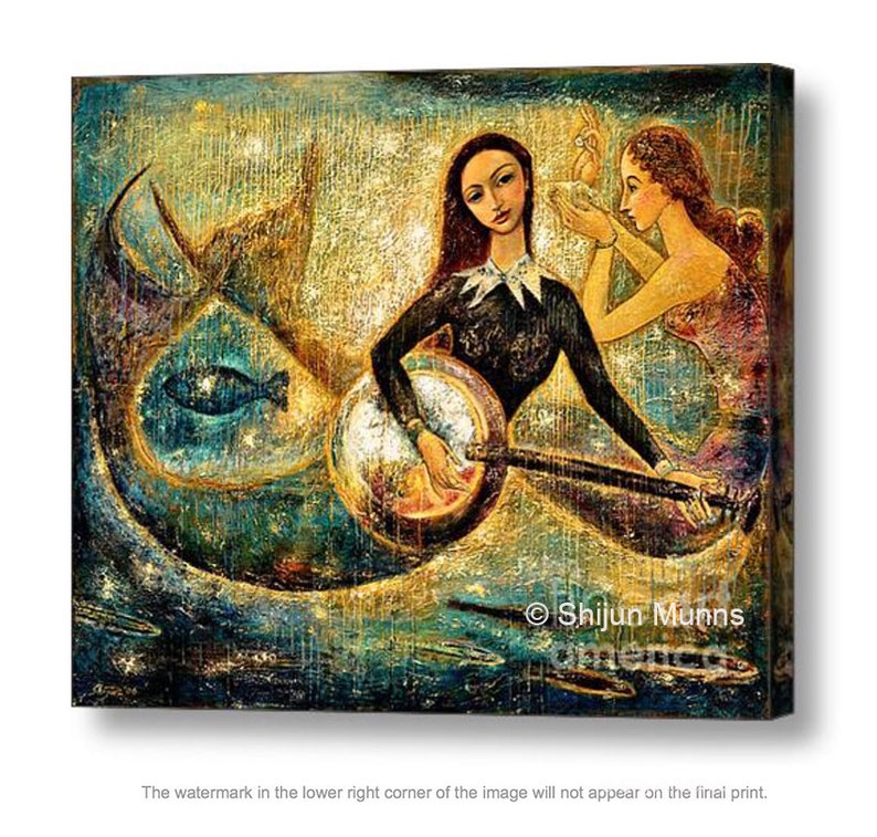 Mermaid art print, Mermaids Playing Music Under Sea-blue giclee print on canvas or paper by Shijun Munns-Fantasy art-oil painting-Signed image 3