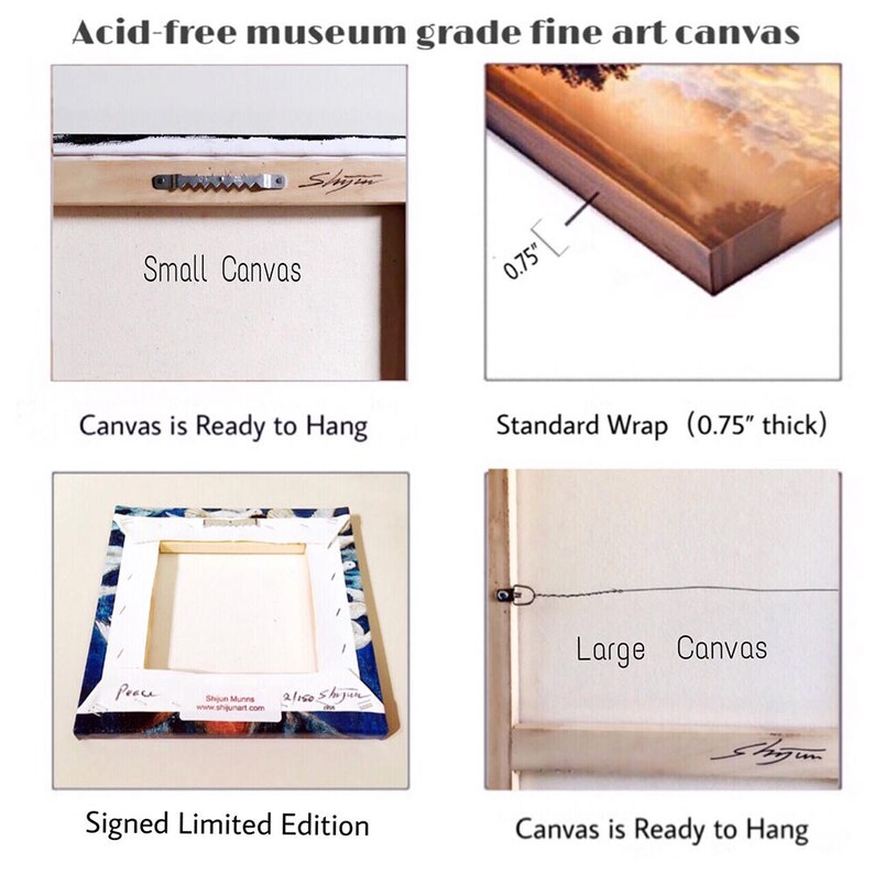 Pu&ograve; includere: Primo piano del retro di un dipinto su tela tesa. La tela &egrave; bianca e ha una cornice in legno. La cornice &egrave; spessa 0,75 pollici e ha una cornice standard. La tela &egrave; pronta per essere appesa e ha un piccolo filo di sospensione attaccato al retro. La tela &egrave; etichettata "Small Canvas" e ha una firma sul retro.