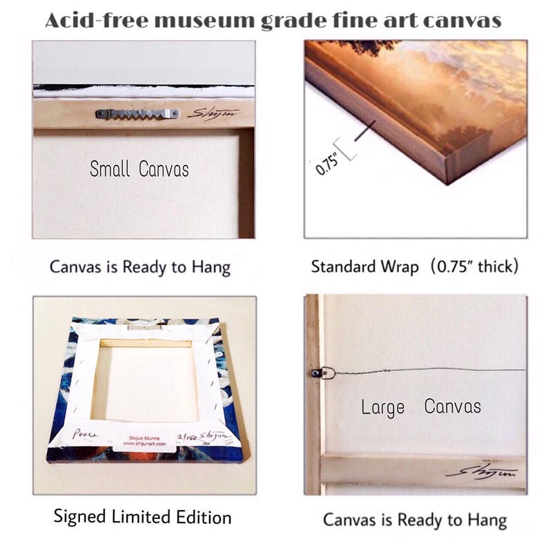 May include: Close-up of the back of a small canvas painting. The canvas is wrapped around a wooden frame and has a hanging wire attached. The canvas is labeled "Small Canvas" and "Canvas is Ready to Hang".