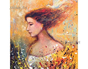 Art original,Peace In the Garden,fantasy girl portrait on wrap canvas by Shijun Munns-Art gift-wall art-origianl oil painting