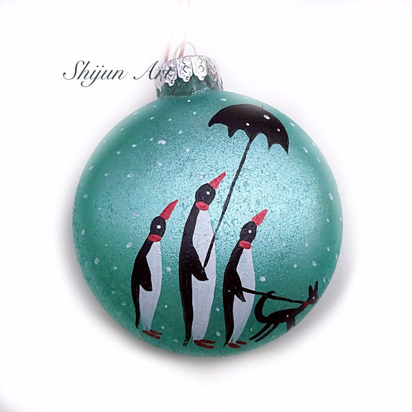 Hand Painted glass Ornament 3", Personalized Holiday Ornaments , Personalized Handpainted Blue Flat Christmas Ornament,Penguin Christmas