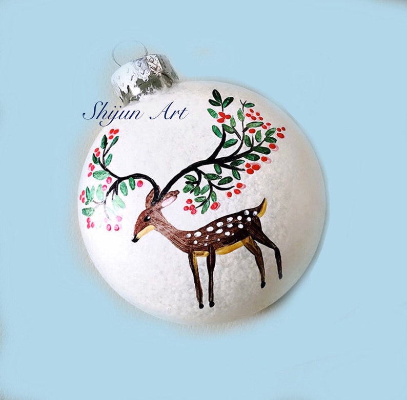 Holiday Tree Deer Christmas Ornament White Flat Hand painted Etsy