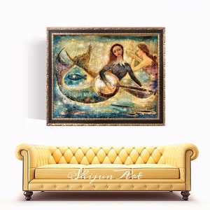 Mermaid art print, Mermaids Playing Music Under Sea-blue giclee print on canvas or paper by Shijun Munns-Fantasy art-oil painting-Signed image 5