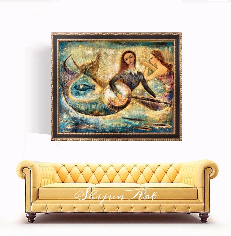 Mermaid art print, Mermaids Playing Music Under Sea-blue giclee print on canvas or paper by Shijun Munns-Fantasy art-oil painting-Signed image 5