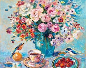 Arte original, hermosa flor de jarrón con taza de té, óleo sobre lienzo de Shijun Munns-Art gift-Fantasy wall art-origianl pintura al óleo, pájaro, cereza