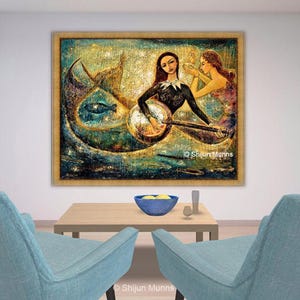 Mermaid art print, Mermaids Playing Music Under Sea-blue giclee print on canvas or paper by Shijun Munns-Fantasy art-oil painting-Signed image 6