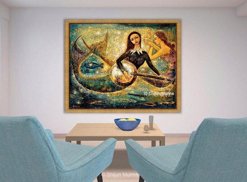 Mermaid art print, Mermaids Playing Music Under Sea-blue giclee print on canvas or paper by Shijun Munns-Fantasy art-oil painting-Signed image 6