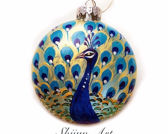 Peacock ornament:Peacock Flat Hand painted glass ornament-Christmas gift-Holiday gifts for Peacock Lovers