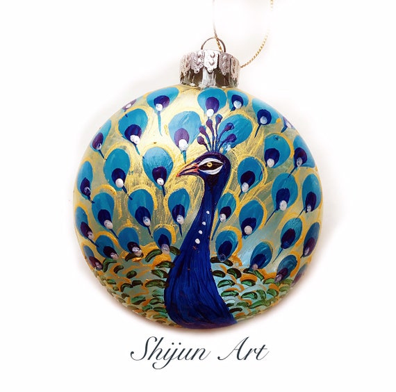 Peacock Hand Painted Glass Ornament - Handmade glass ornament