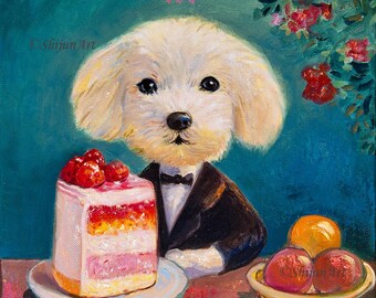 May include: An oil painting of a white dog wearing a black tuxedo jacket and bow tie. The dog sits beside a square slice of layered cake topped with red berries on a white plate and a bowl containing two red apples and one orange fruit.