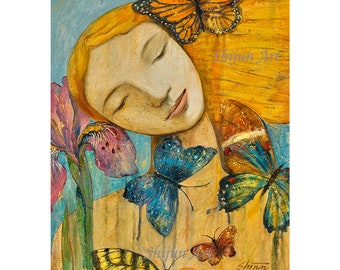 Arte original, Renacimiento, Paz, niña mariposa, óleo original sobre lienzo de Shijun Munns-Art gift-Fantasy wall art-origianl oil paint