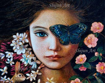 Arte original, Blue Butterfly Girl, retrato de niña de fantasía en lienzo de envoltura de galería por Shijun Munns-Art regalo-arte de pared-pintura al óleo original