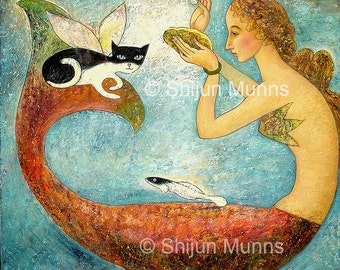 Mermaid art print, Pearl Mermaid blue giclee print on canvas or paper by Shijun-Art gift-Fantasy wall art-Oil painting print-Signed