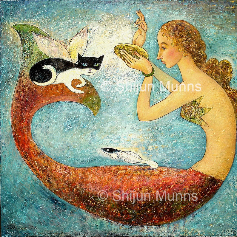 Mermaid art print, Pearl Mermaid blue giclee print on canvas or paper by Shijun-Art gift-Fantasy wall art-Oil painting print-Signed image 1