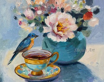 peonía con taza de té, pájaro-regalo-arte de pared de fantasía-pintura al óleo impresión-pájaro-pájaro azul-naturaleza-feliz mañana bodegón