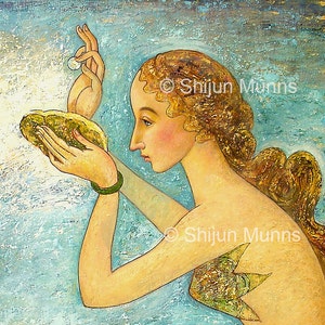 Mermaid art print, Pearl Mermaid blue giclee print on canvas or paper by Shijun-Art gift-Fantasy wall art-Oil painting print-Signed image 2