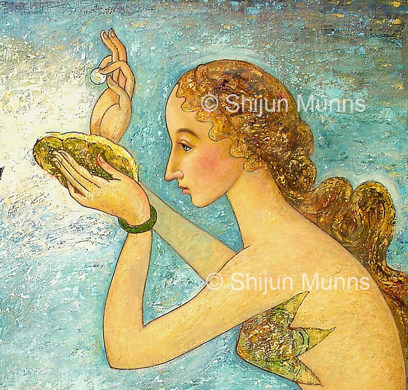 Mermaid art print, Pearl Mermaid blue giclee print on canvas or paper by Shijun-Art gift-Fantasy wall art-Oil painting print-Signed image 2