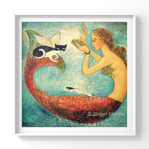 Mermaid art print, Pearl Mermaid blue giclee print on canvas or paper by Shijun-Art gift-Fantasy wall art-Oil painting print-Signed image 4