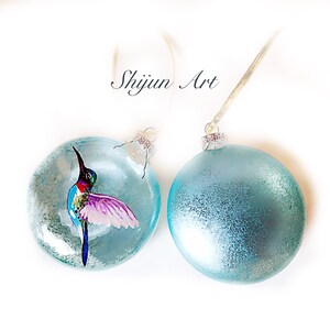 Christmas Hummingbird ornament:Blue Flat Hand painted glass ornament-Christmas gift-Holiday gifts for hummingbird Lovers image 3