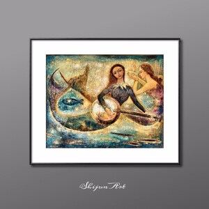 Mermaid art print, Mermaids Playing Music Under Sea-blue giclee print on canvas or paper by Shijun Munns-Fantasy art-oil painting-Signed image 7