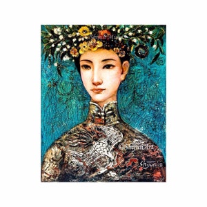 Summer II art print, young girl in festival dress, blue color giclee print on professional paper or canvas by Shijun Munns,wall art,art gift