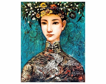 Summer II art print, young girl in festival dress, blue color giclee print on professional paper or canvas by Shijun Munns,wall art,art gift