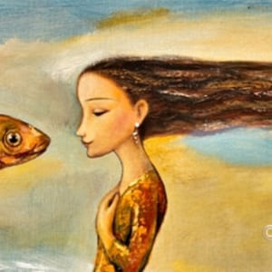 May include: A painting of a woman with long brown hair blowing in the wind, looking at a red fish swimming in the sky. The painting has a light blue and yellow background with the artist's signature "Shijiun" in the bottom right corner.