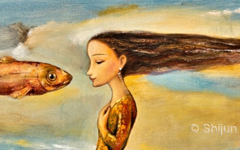 May include: A painting of a woman with long brown hair blowing in the wind, looking at a red fish swimming in the sky. The painting has a light blue and yellow background with the artist's signature "Shijiun" in the bottom right corner.