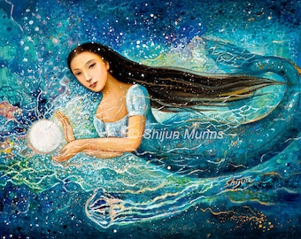 Impresión de arte de sirena, sirena mística-Perla-azul giclee impresión sobre lienzo o papel por Shijun Munns-Fantasía arte-pintura al óleo-Firmado