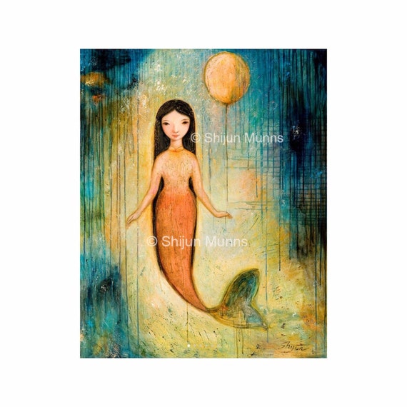 Mermaid art print, Mermaid with Balloon, blue giclee prints by Shijun Munns-Art gift-Fantasy wall art-Oil painting print